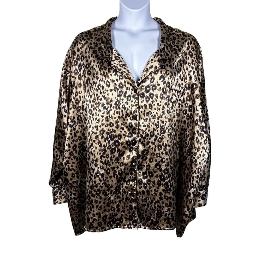 Amoureuse‎ Pajama Top / Blouse 5X 38/40 Leopard Print Satin Coquette Vamp Retro